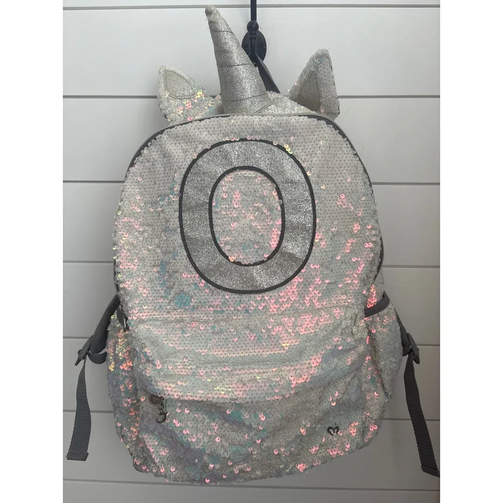 Vintage y2k Justice Girls Iridescent Sequin Unicorn Backpack Initial O